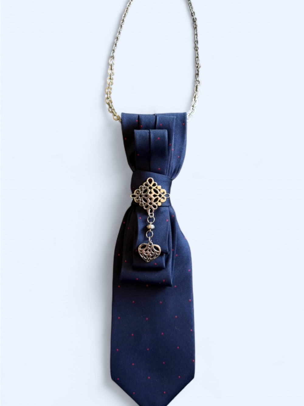 Handcrafted Classic Navy Tie Necklace with Silver Hanging Charm Accent